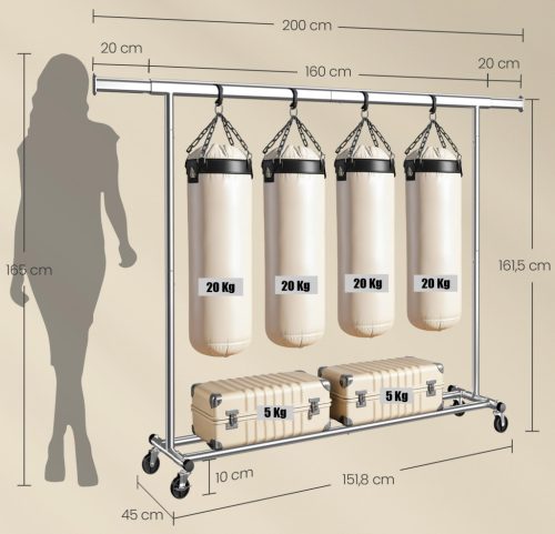 160cm Kihúzható Ruhatartó Sztender Fékezhető Kerekekkel