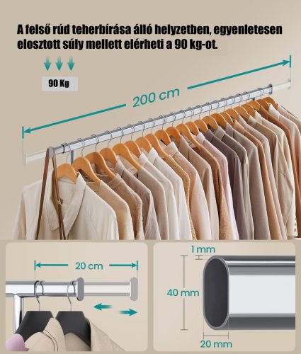 160cm Kihúzható Ruhatartó Sztender Fékezhető Kerekekkel