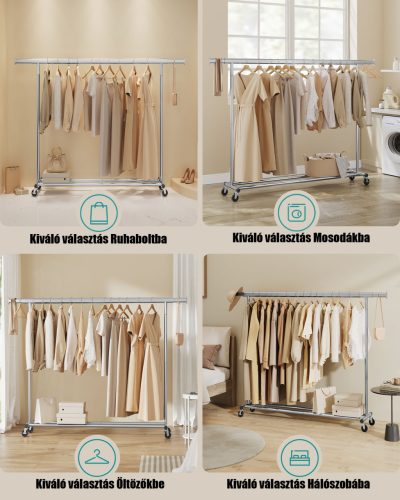 160cm Kihúzható Ruhatartó Sztender Fékezhető Kerekekkel