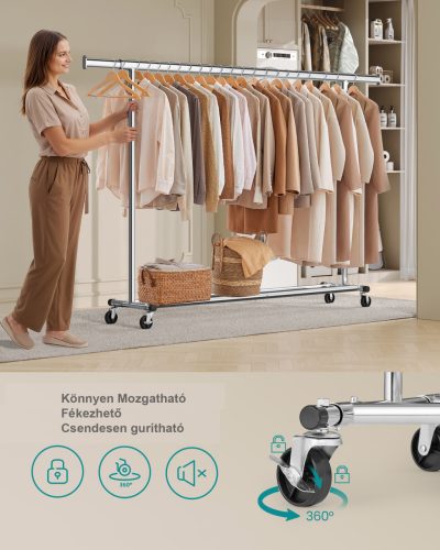 160cm Kihúzható Ruhatartó Sztender Fékezhető Kerekekkel