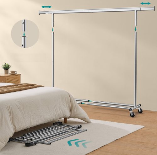 160cm Kihúzható Ruhatartó Sztender Fékezhető Kerekekkel