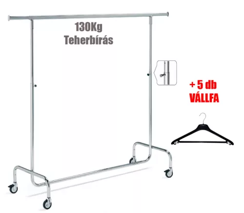 150cm Fékezhető Ruha Sztender Klipszes Magasság Állítóval + 5db Vállfa