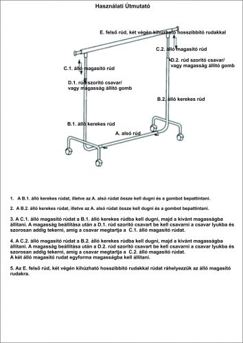 150cm Fékezhető Ruha Sztender Klipszes Magasság Állítóval + 5db Vállfa