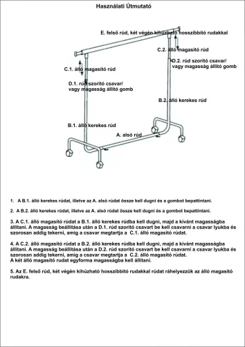 150cm Fékezhető Ruha Sztender Klipszes Magasság Állítóval + 5db Vállfa