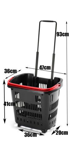 34L Gurulós Piros Bevásárló Kosár Fekete Fogantyúval