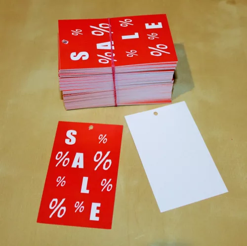 80x48 mm SALE feliratos függő címke, kis lyukkal