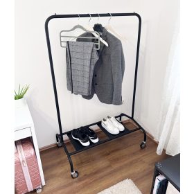   CIPŐTARTÓS FEKETE 100cm Fém Ruhaállvány 2db Tálcával Fémkerékkel