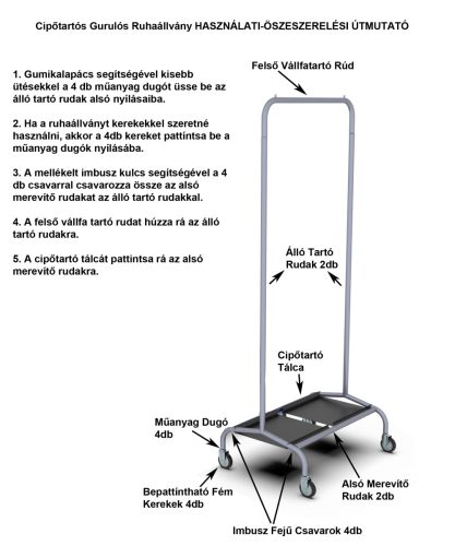 CIPŐTARTÓS FEKETE 100cm Fém Ruhaállvány 2db Tálcával Fémkerékkel